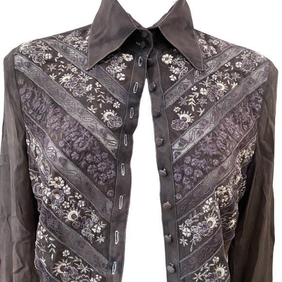 Escada upcycled OOAK Dyed silk embroidery long sleeved button up 38 small - Picture 8 of 13